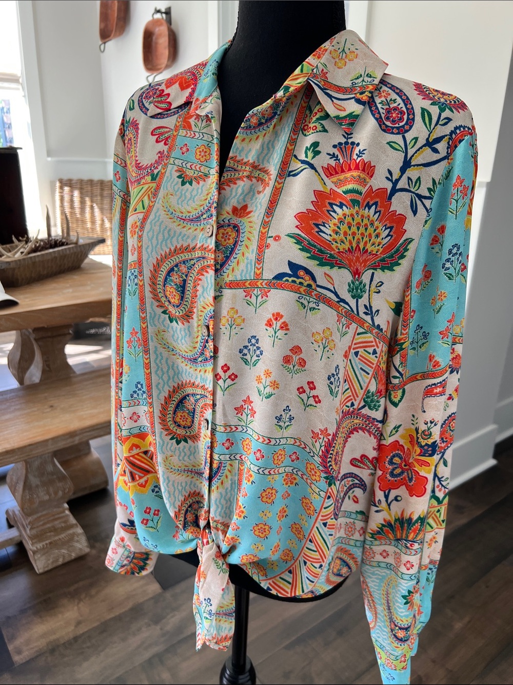 Rose & Olive Multicolor Paisley Tie-Front Blouse